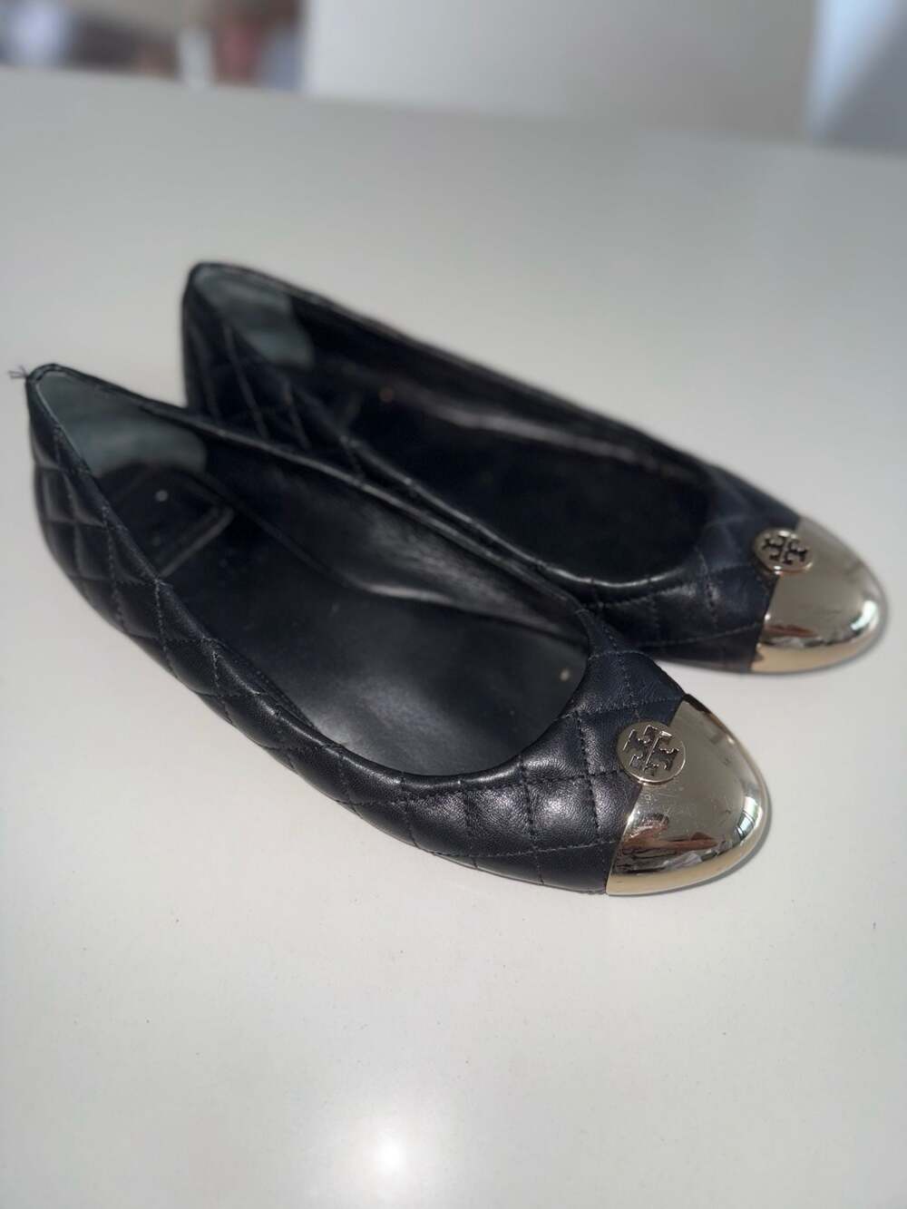 Tory Burch Black Quilted Leather Metal Toe Cap Ballet Flats Size 8M